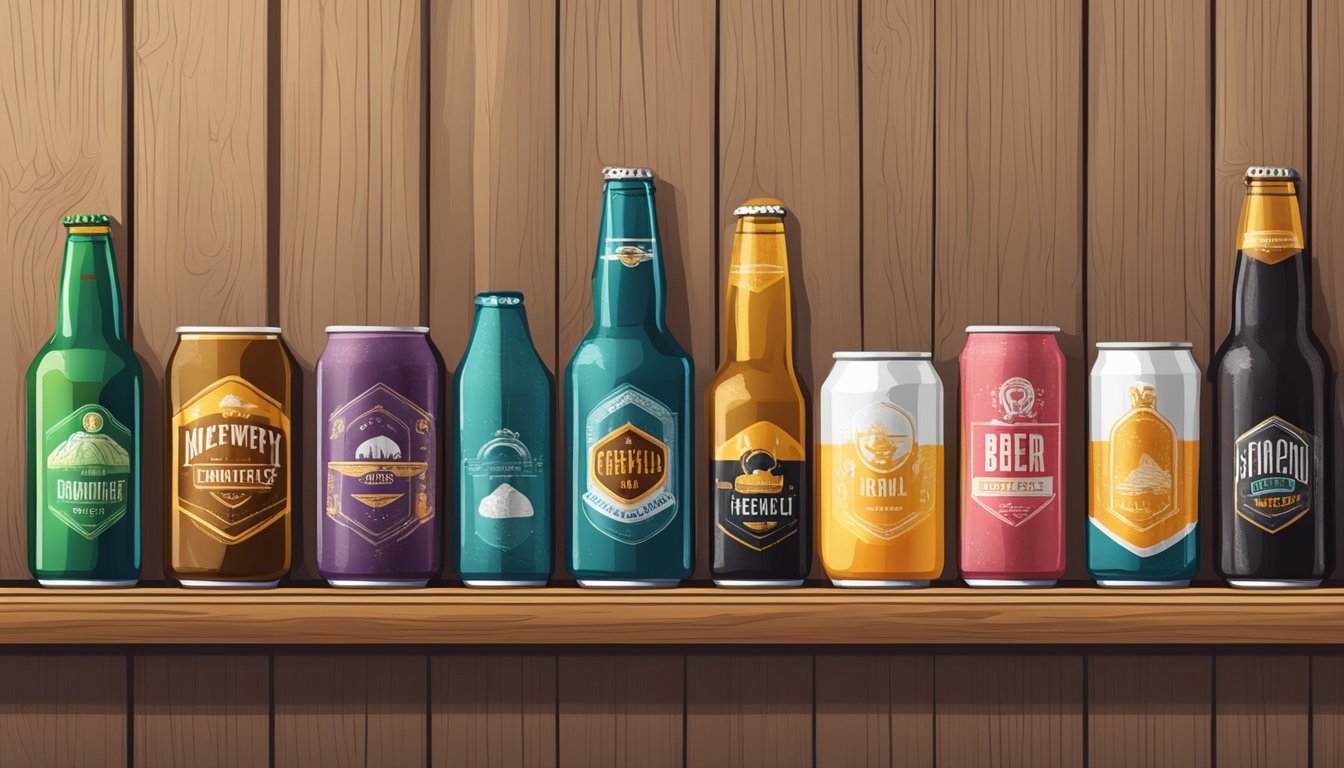 A row of colorful craft beer bottles and cans arranged on a wooden shelf, with brewery logos and unique label designs