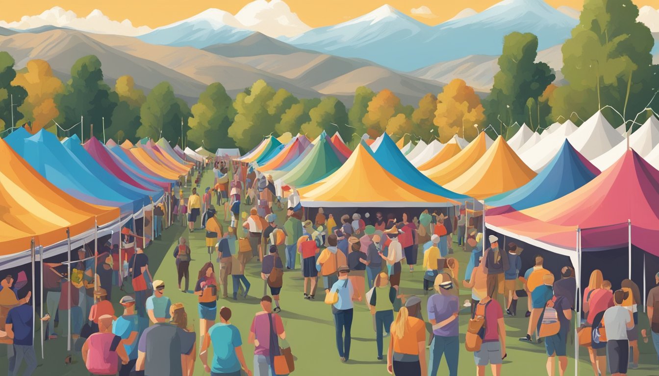 A bustling craft beer festival in Arvada, CO, with rows of colorful tents, lively music, and people sampling different brews