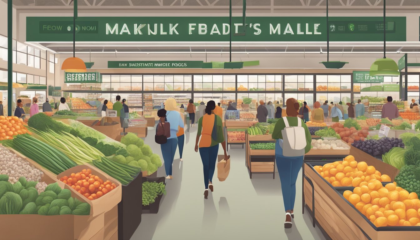 A bustling Whole Foods Market with diverse customers shopping for community and social impact groceries