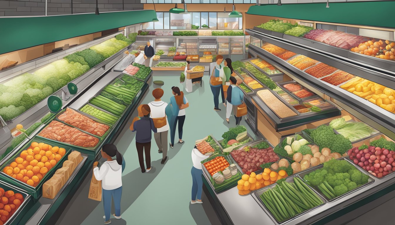 A bustling Whole Foods market with colorful produce, fresh meats, and artisanal products being prepared into delicious meals