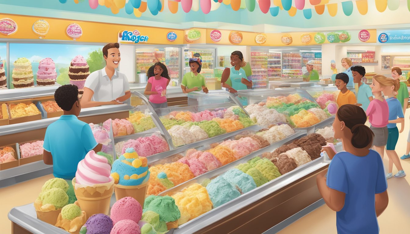 A colorful display of Kroger's premium ice cream and frozen novelties, surrounded by summer-themed decorations and happy customers enjoying the sweet treats