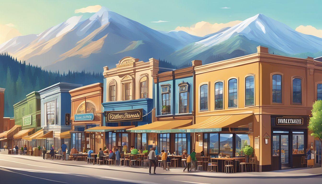 A bustling brewery district with colorful storefronts and outdoor seating, surrounded by mountains and a clear blue sky