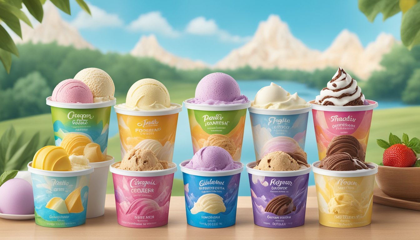 A colorful display of Kroger's premium ice cream flavors, with a variety of dietary options such as dairy-free, low-sugar, and gluten-free, set against a backdrop of summer scenery