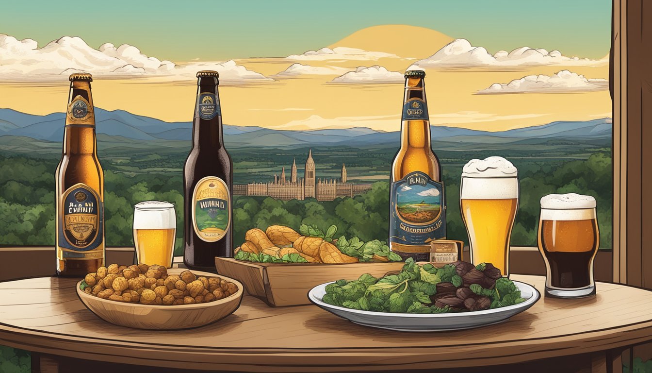 A table adorned with a variety of local craft beers and food pairings, set against the backdrop of the Westminster, CO landscape