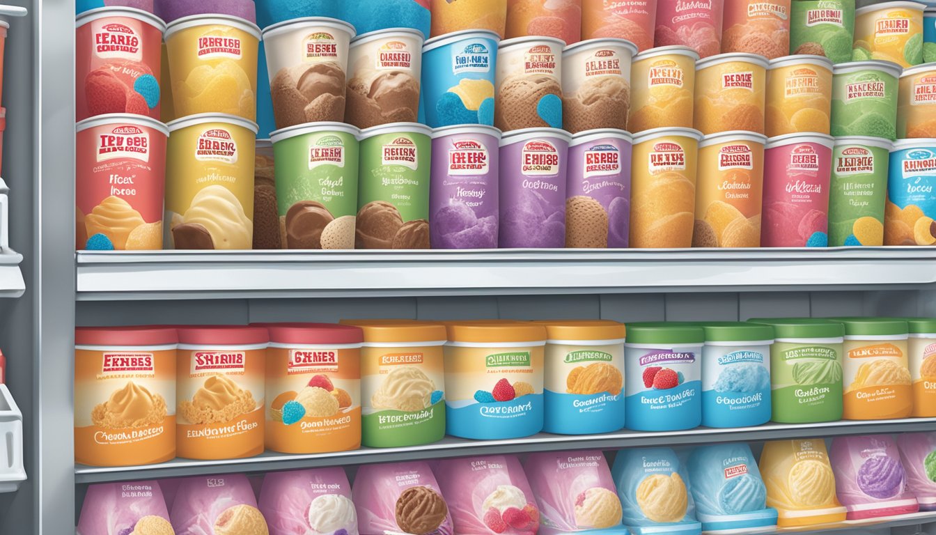 A colorful display of H-E-B Creamy Creations ice cream flavors in a freezer aisle