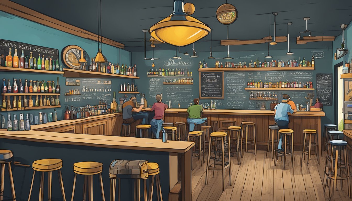 A bustling taproom with a variety of colorful, unique beer taps and a chalkboard listing experimental and seasonal brews in Arvada, CO