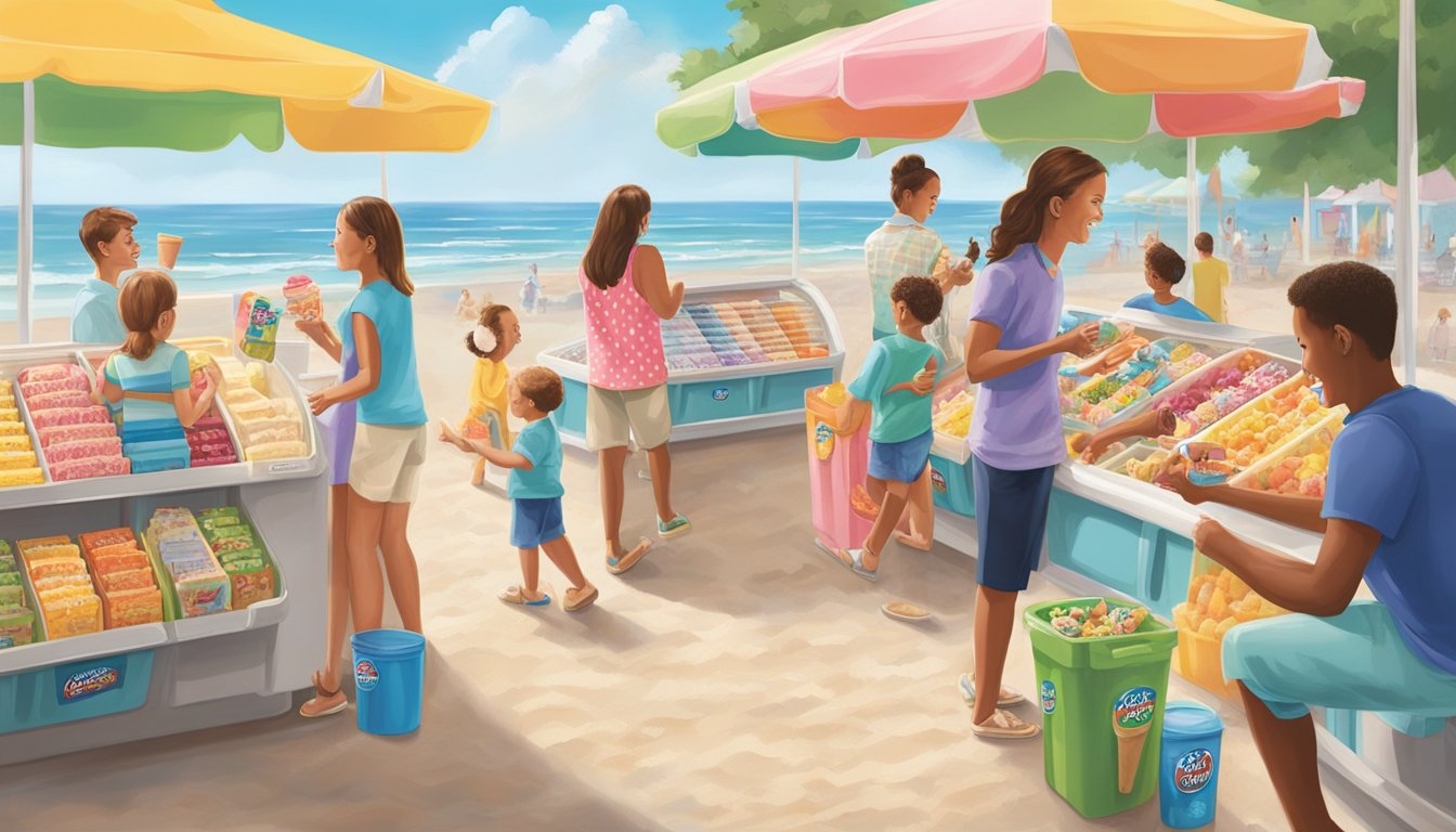 A sunny day at the beach, with a colorful display of Kroger's premium ice cream selection in a cooler, surrounded by happy families enjoying the sweet treats