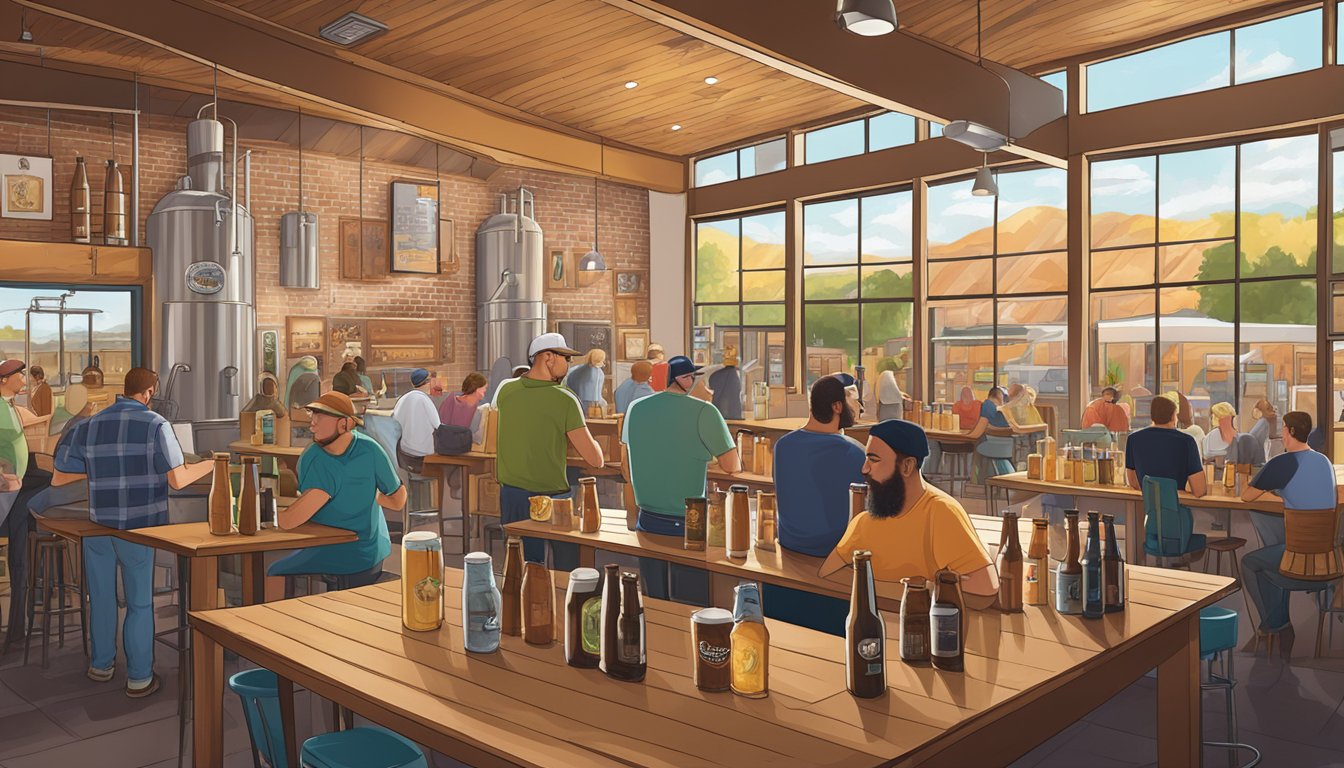 A bustling craft brewery scene in Aurora, CO with diverse beer styles, outdoor seating, and a vibrant community atmosphere