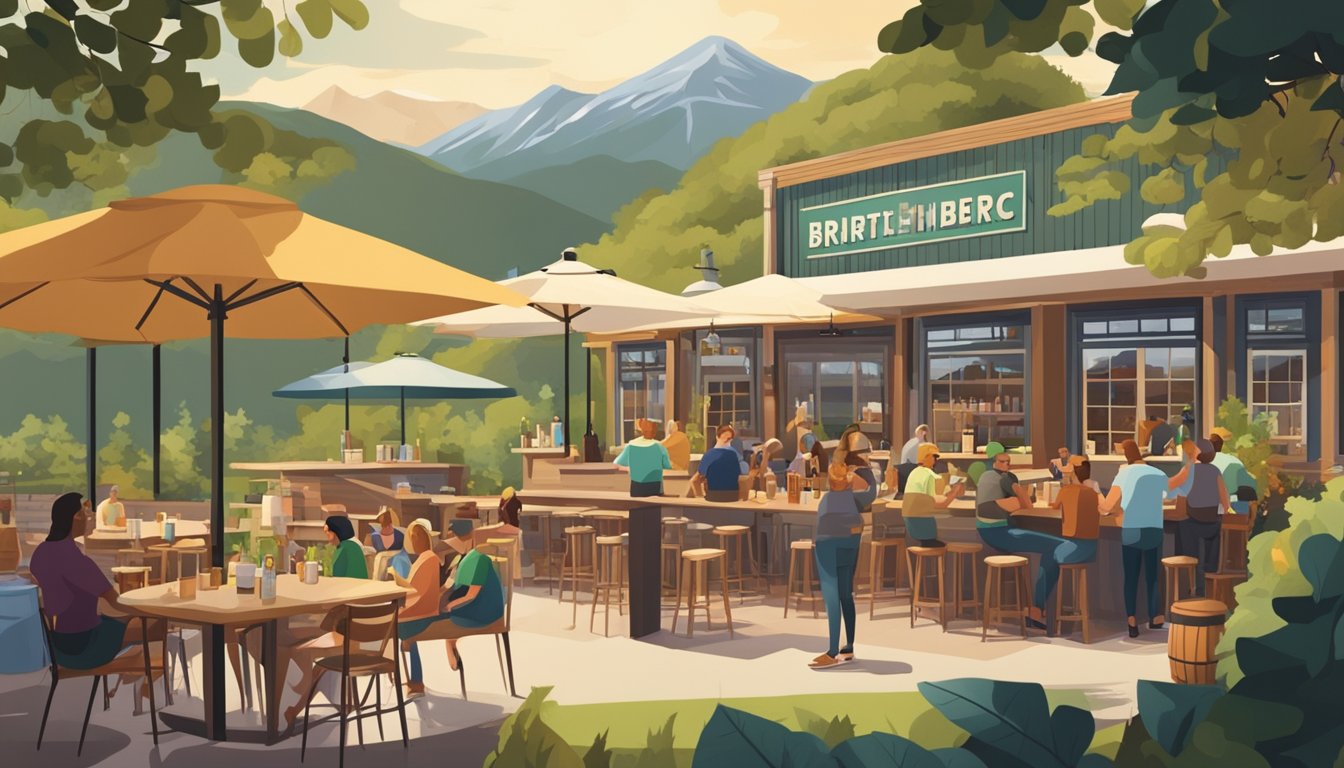 A bustling craft brewery with patrons enjoying pints on a sunny outdoor patio, surrounded by mountains and greenery