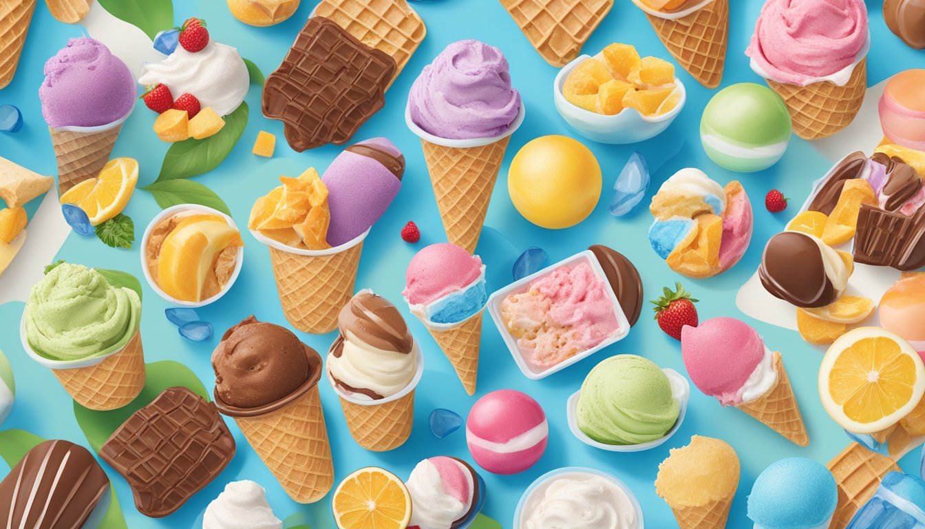 A colorful display of Kroger's premium ice cream flavors, surrounded by images of summer activities like picnics and beach outings