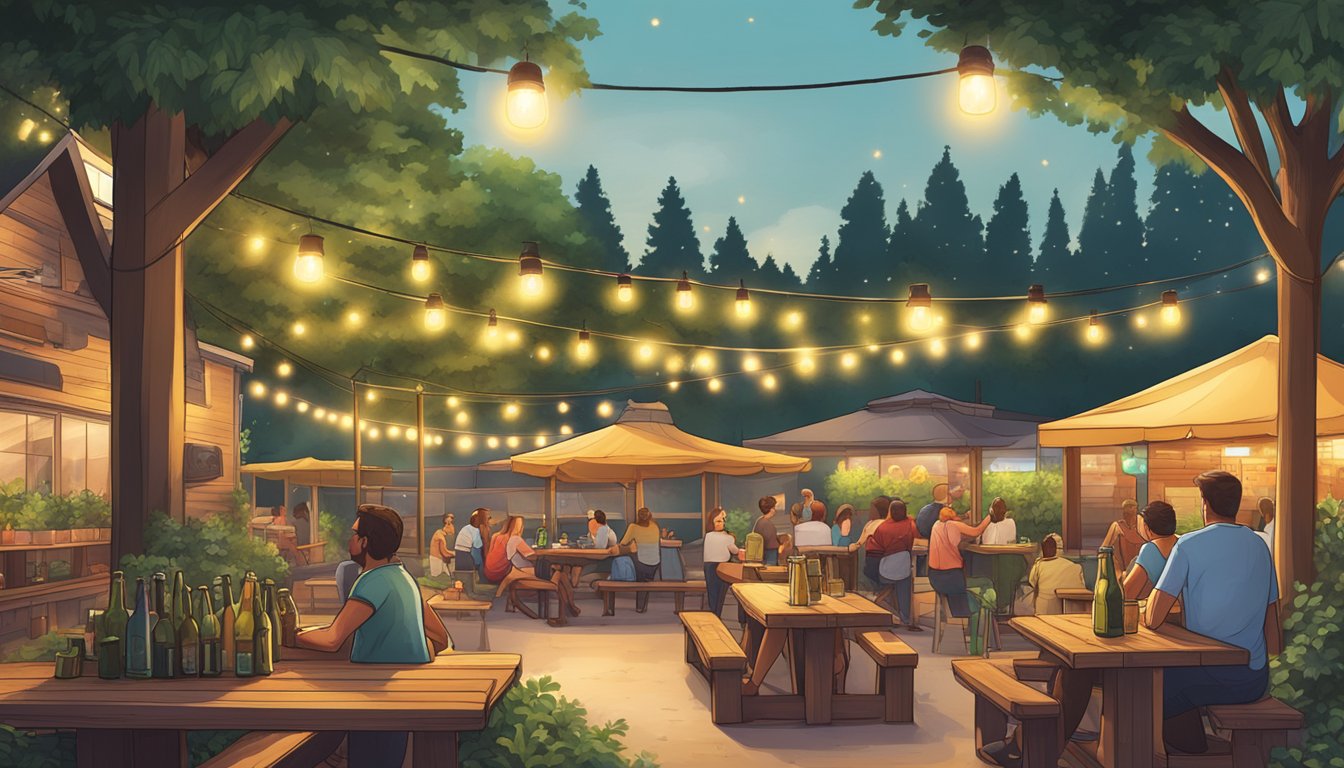 A lively beer garden in Arvada, CO with wooden picnic tables, string lights, and a backdrop of lush greenery and local craft beer taps