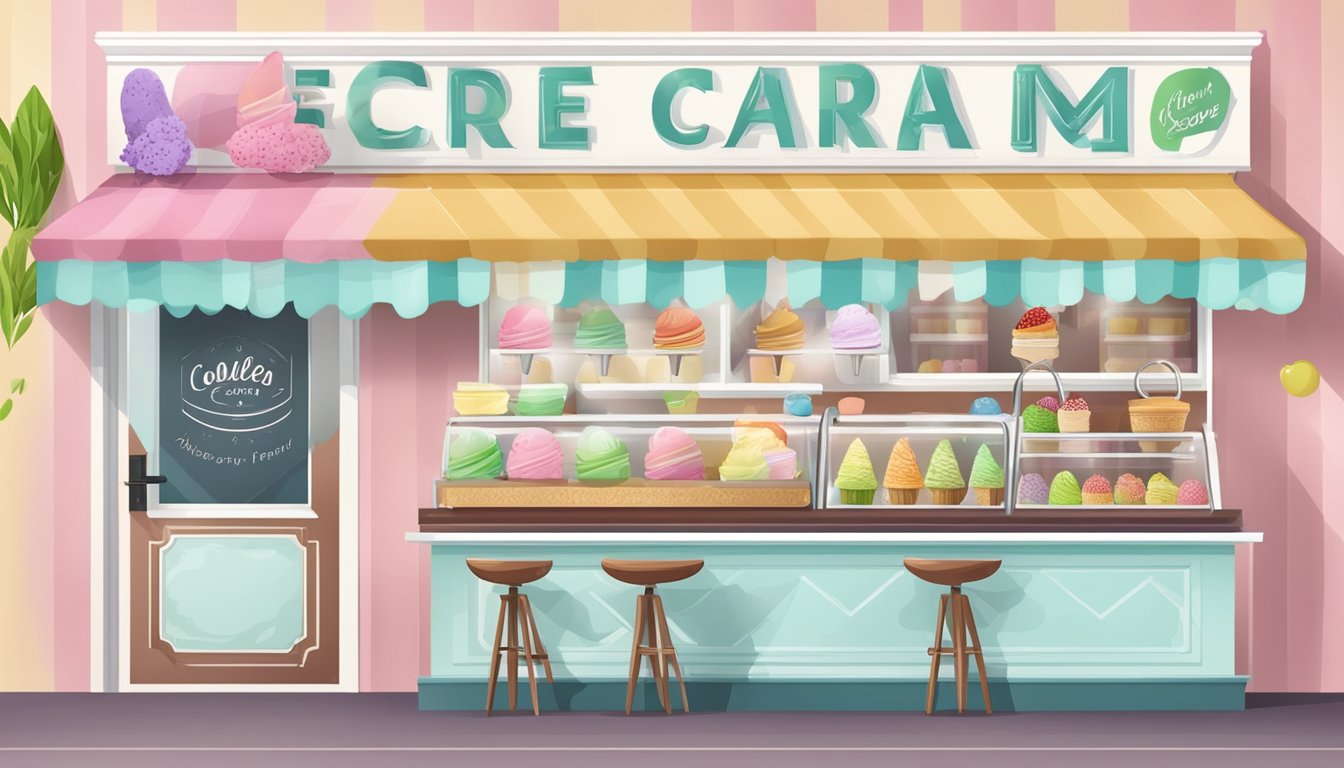 A colorful ice cream parlor with fresh herbs and allergen labels