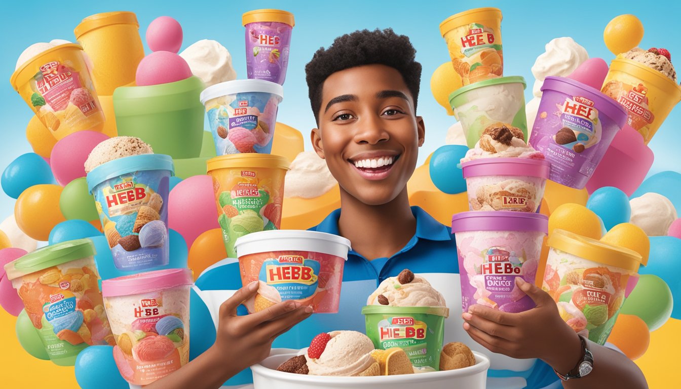 A person holding a tub of H-E-B Creamy Creations ice cream, surrounded by colorful, playful packaging and various flavors