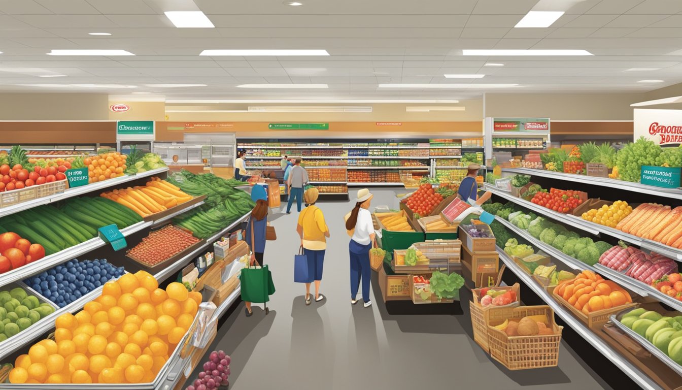 A bustling grocery department at Winn-Dixie, with colorful displays of fresh produce, shelves stocked with various food items, and customers browsing the aisles