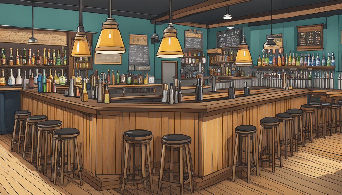 A bustling craft beer taproom with a variety of colorful beer taps, wooden bar stools, and a chalkboard menu displaying Aurora's local brews