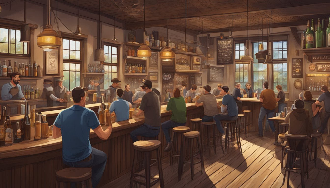 A bustling brewpub with patrons enjoying craft beer, surrounded by rustic decor and brewing equipment