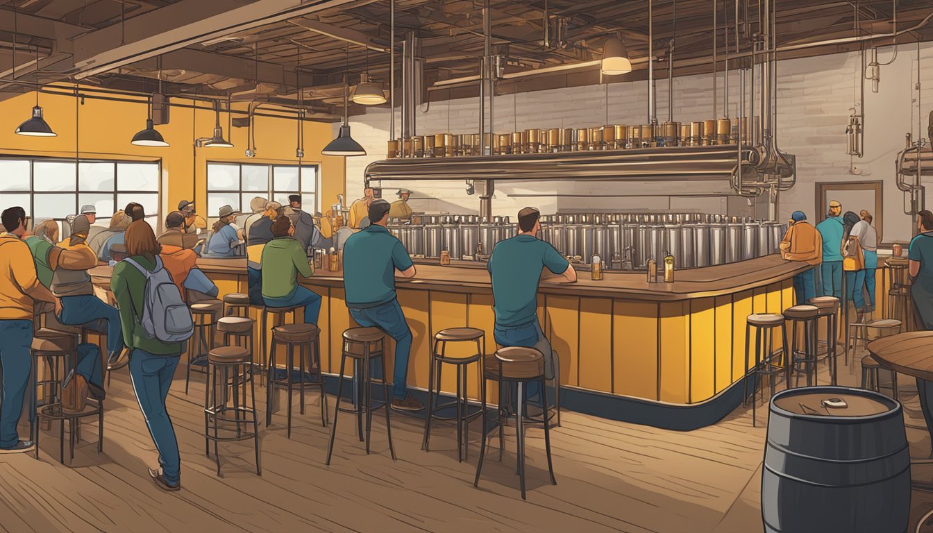 A bustling craft brewery scene in Centennial, CO, with patrons enjoying unique beers in a lively, industrial-chic taproom