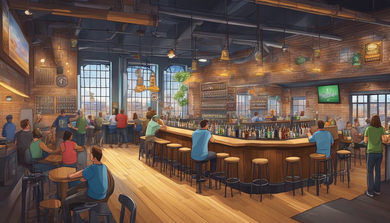 A bustling taproom with a variety of craft beer taps, surrounded by industrial brewing equipment and vibrant murals