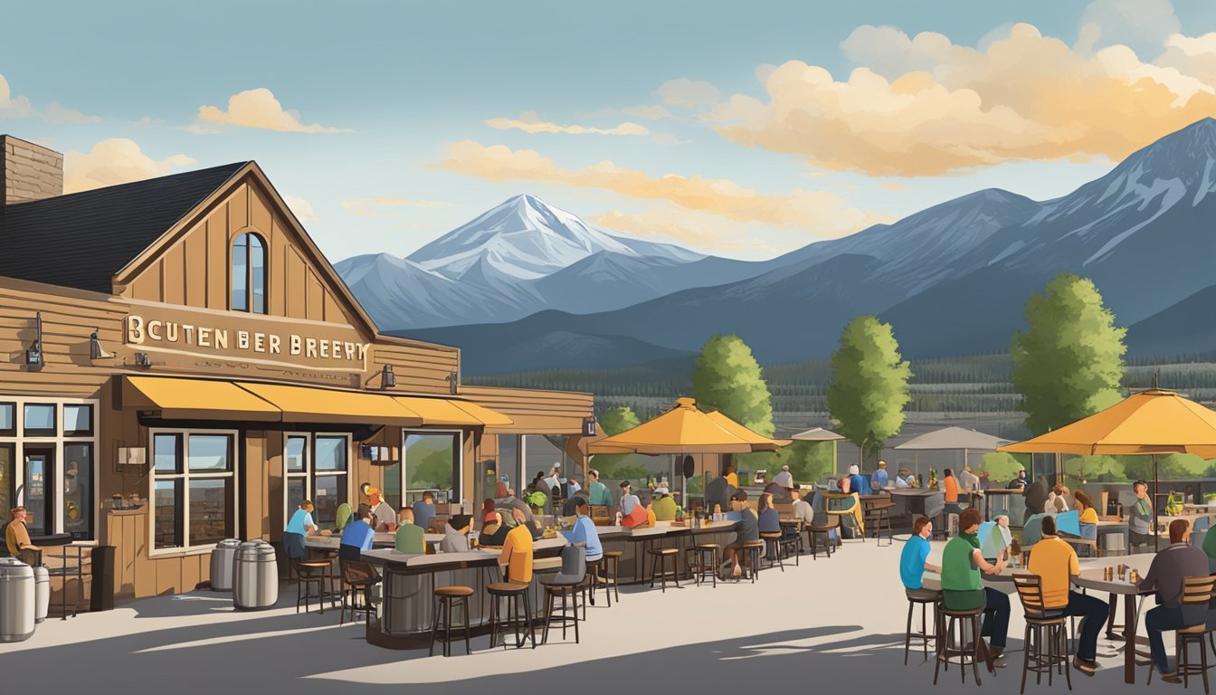 A bustling brewery scene with outdoor seating, a variety of beer taps, and a mountain backdrop in Centennial, CO