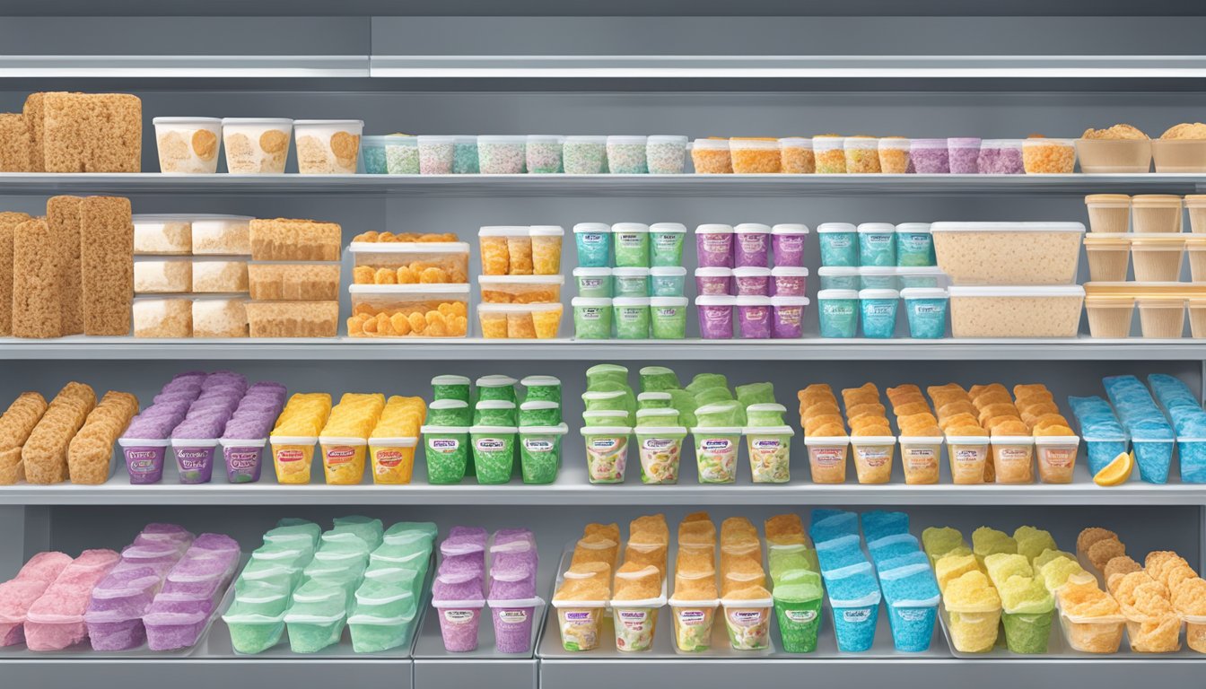 A colorful display of Harris Teeter's premium ice cream flavors in a freezer section, with various tubs and packaging on shelves