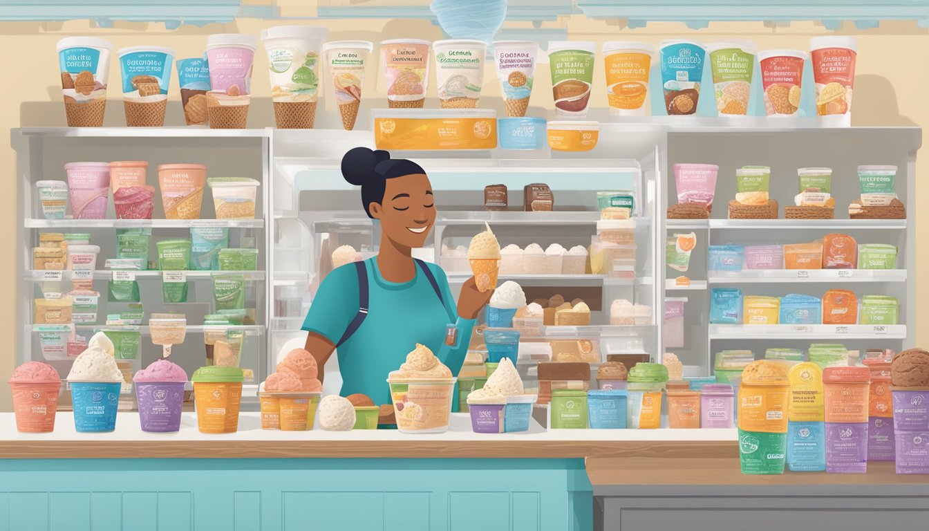 A person enjoying Harris Teeter's premium ice cream, surrounded by various flavors and labeled allergy information