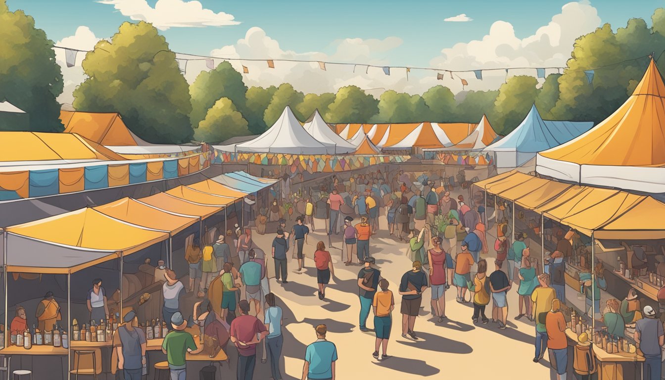 A bustling craft beer festival with rows of colorful tents, people sampling various brews, and a live band playing in the background