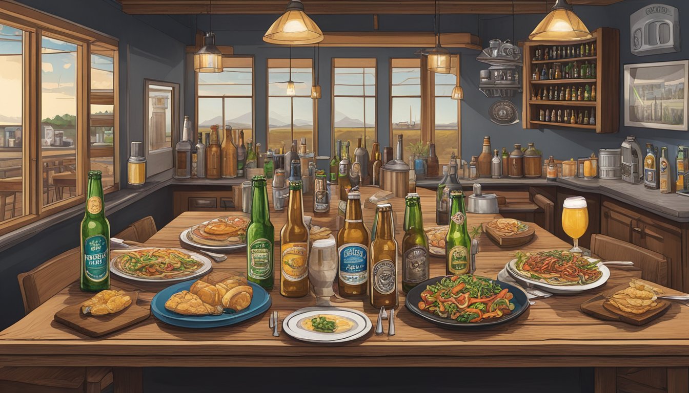 A table adorned with various dishes and craft beer bottles, set against the backdrop of a local brewery in Aurora, CO