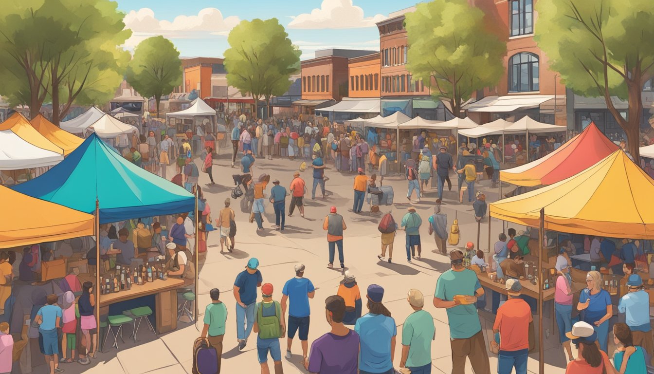 A bustling town square filled with colorful tents, live music, and people enjoying local craft beers at a year-round festival in Centennial, CO