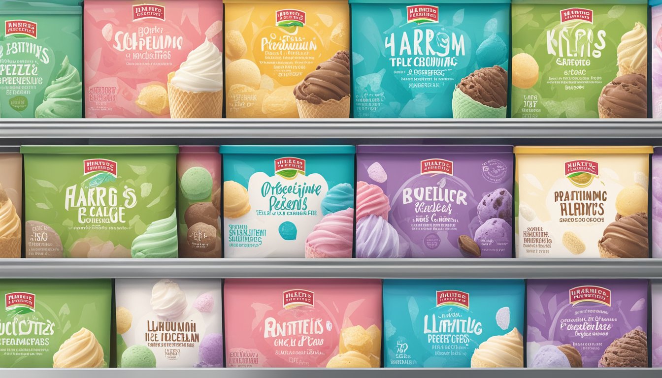 A variety of Harris Teeter's premium ice cream flavors displayed in a freezer, with colorful packaging and tempting toppings nearby