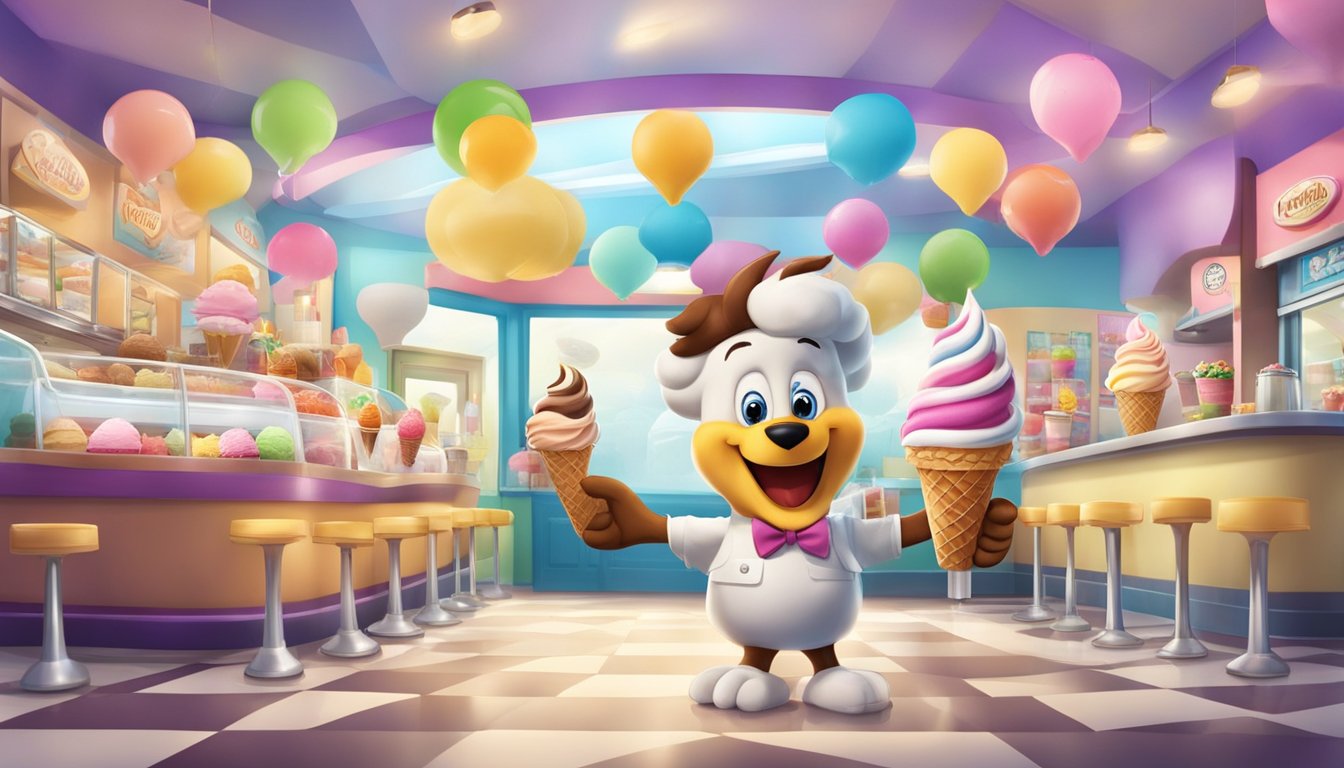 A colorful ice cream parlor with a giant eagle mascot serving a variety of delicious ice cream flavors to excited customers