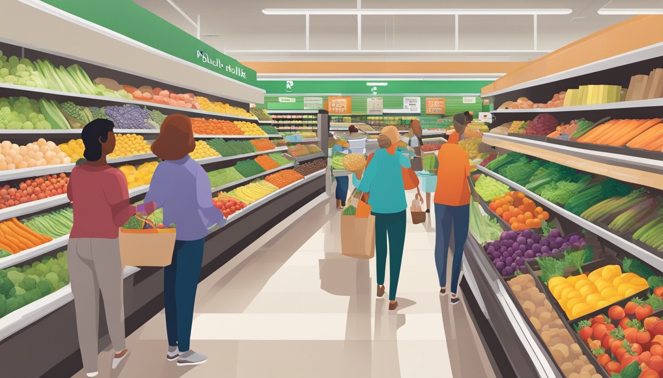 A bustling grocery store with colorful produce, neatly stacked shelves, and customers browsing the aisles at Publix