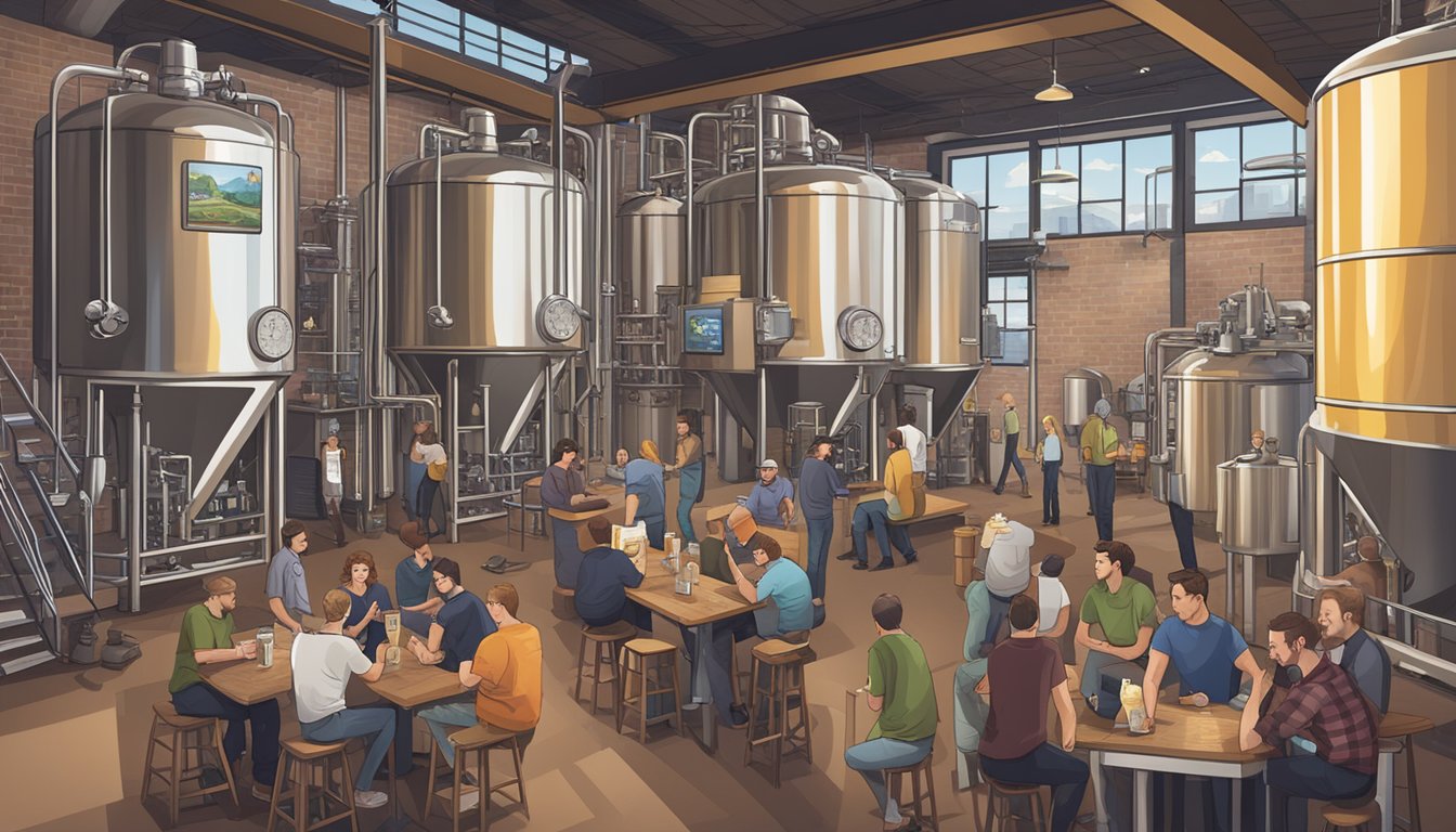 A bustling craft brewery with patrons enjoying local beers and reading news updates on a large screen