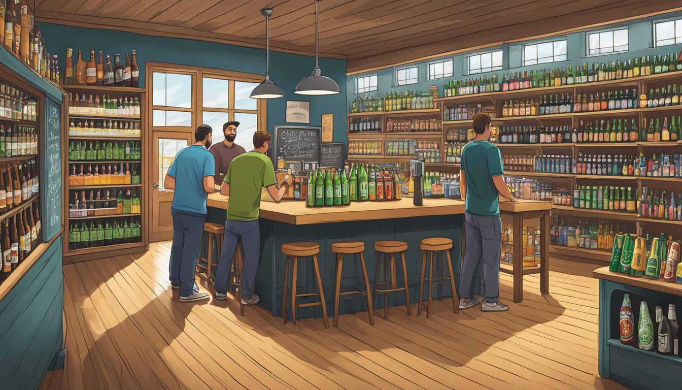 A bustling craft beer store in New Haven, CT, with shelves lined with colorful and diverse beer bottles and cans, a chalkboard displaying the latest offerings, and customers browsing and chatting with the knowledgeable staff