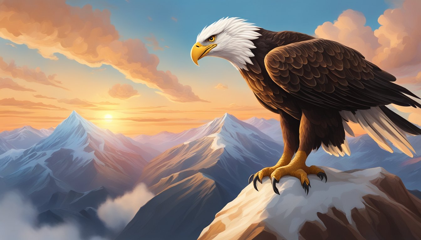 A giant eagle perches on a mountain peak, holding a massive cone of premium ice cream in its talons, surrounded by swirling clouds and a golden sunset