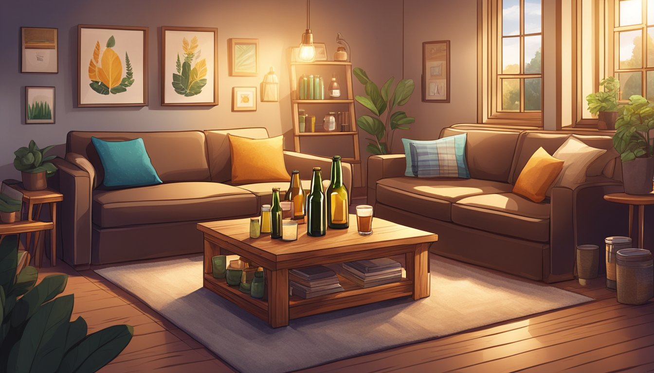 A cozy living room with a variety of craft beer bottles and glasses on a wooden coffee table, surrounded by comfortable seating and warm lighting