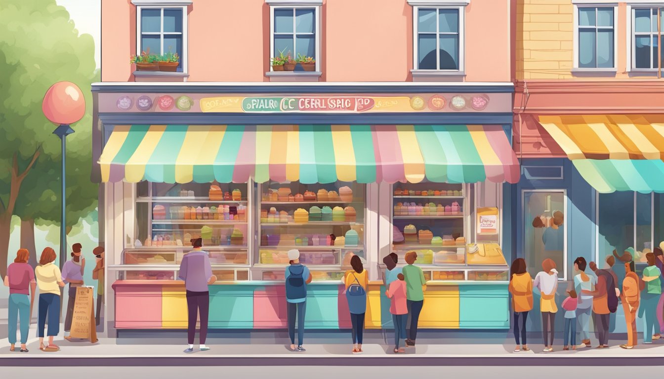 A colorful ice cream shop with a large sign and a line of people eagerly waiting to order