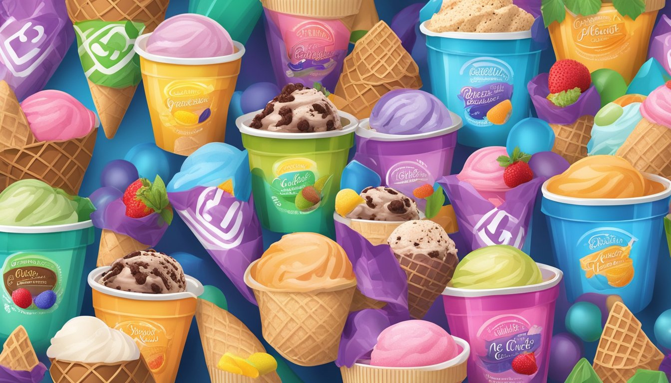 A colorful display of various premium choice ice cream flavors arranged in a market basket, surrounded by vibrant packaging and enticing labels