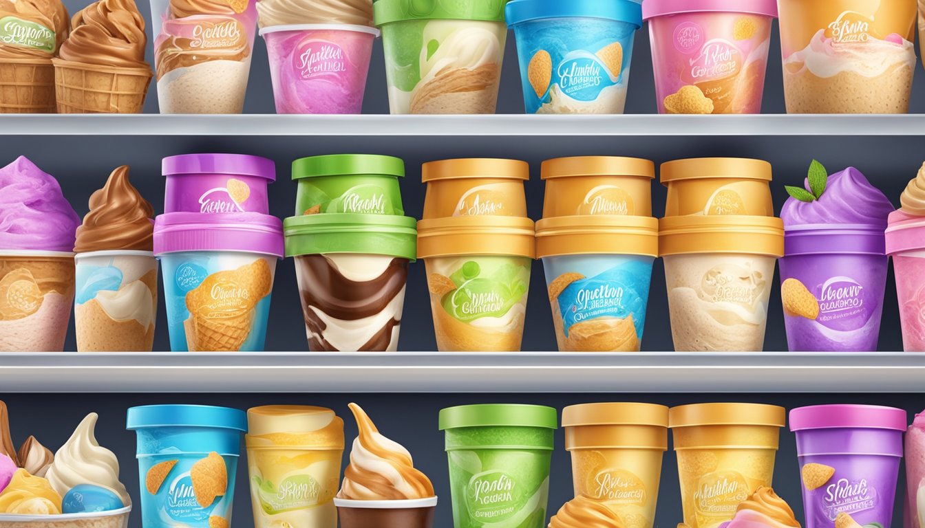 A colorful display of various flavors of premium choice ice cream in a Nutritional Insights market basket