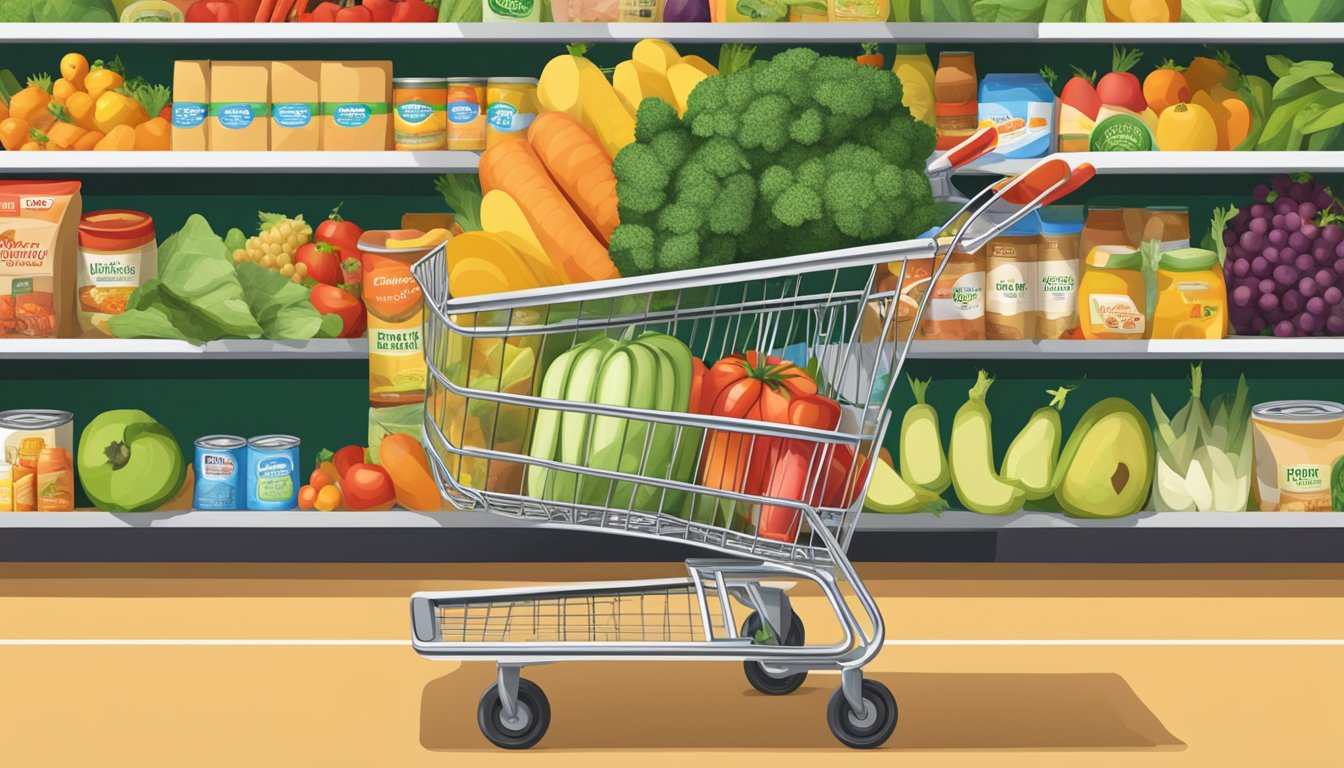 A shopping cart filled with groceries at Publix, with colorful produce, canned goods, and packaged items neatly arranged