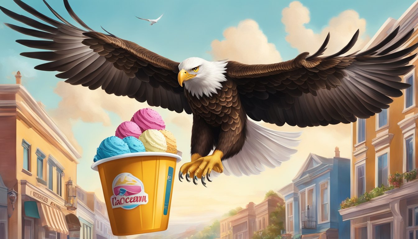 A giant eagle swoops down, clutching a tub of premium ice cream in its talons, soaring over a seamless shopping and delivery service