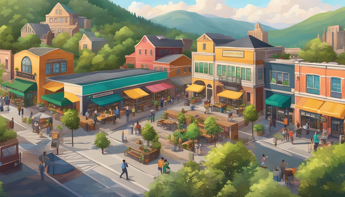 A bustling brewery district with colorful storefronts and outdoor seating, surrounded by mountains and lush greenery