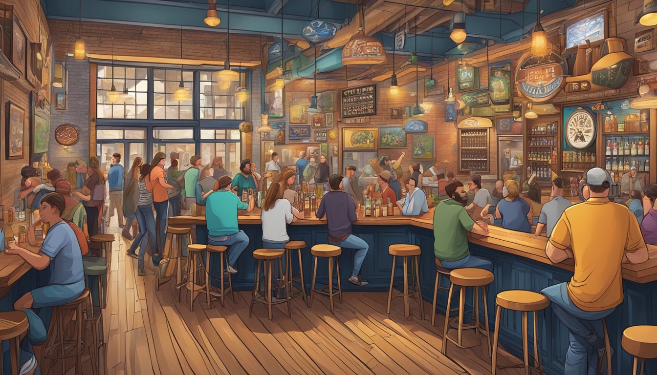 A bustling taproom with a variety of local craft beer taps, surrounded by vibrant murals and lively conversation