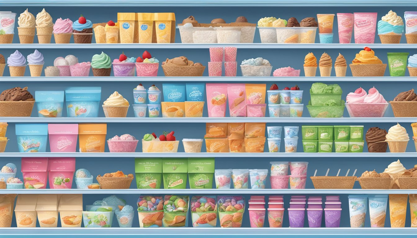 A colorful display of Market Basket Premium Choice ice cream cartons arranged in a freezer, surrounded by various frozen treats and desserts