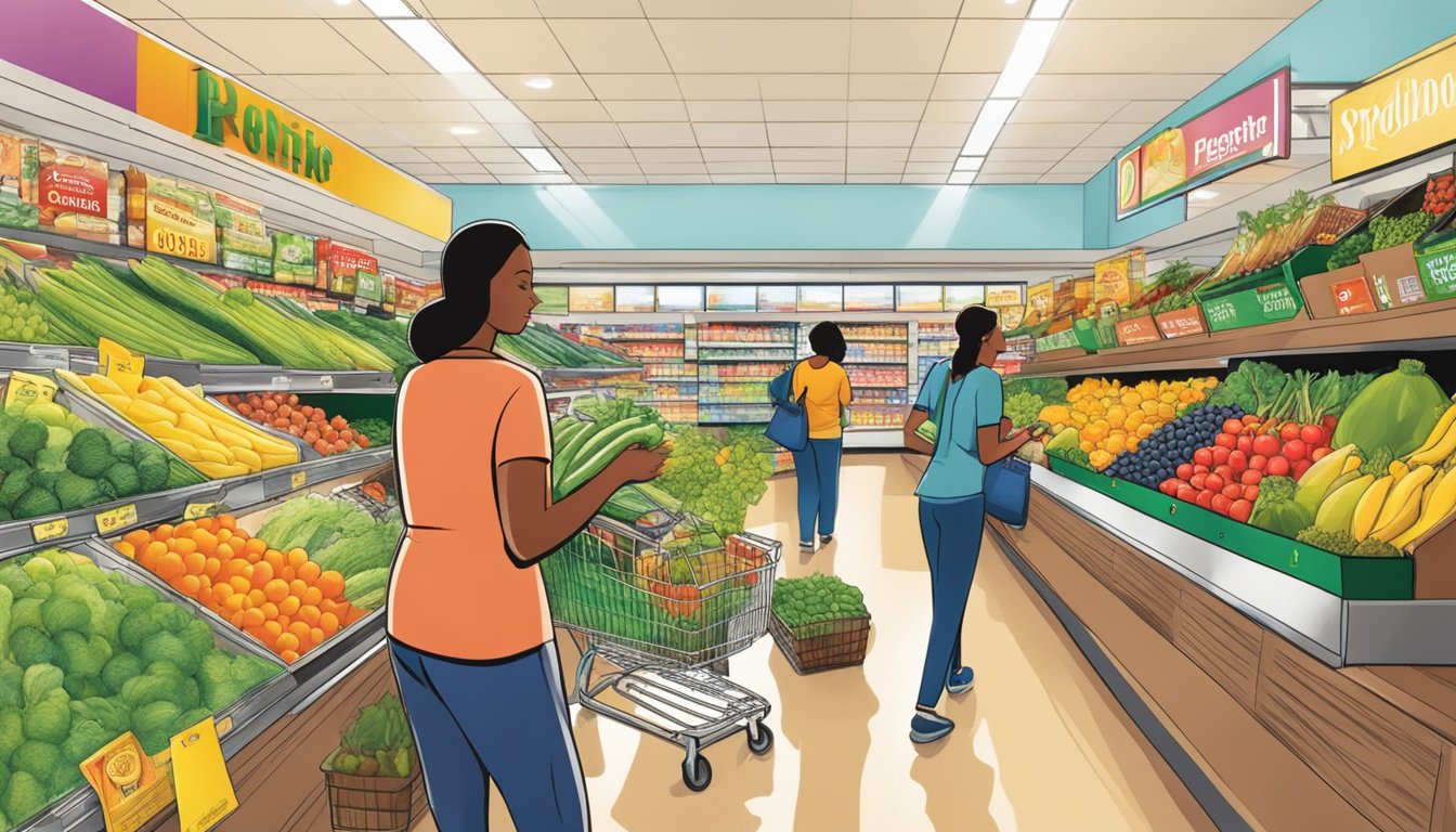 Customers browsing aisles of fresh produce and discounted items at ShopRite, with membership cards and coupons in hand