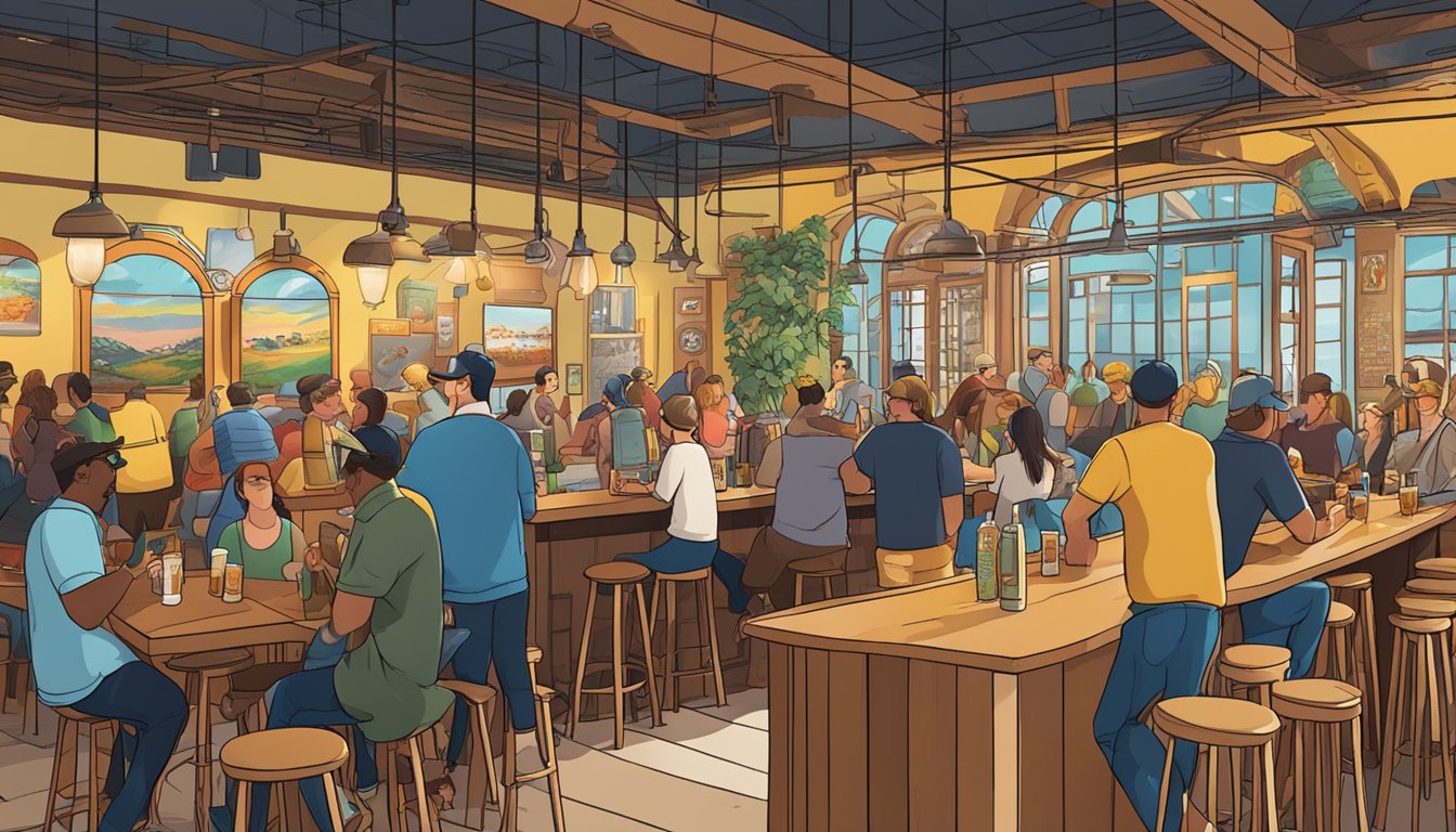 A bustling taproom with colorful murals, beer flights, and lively conversation