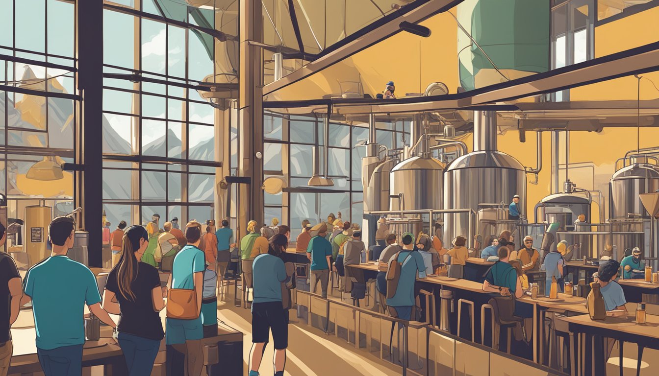 A bustling local craft beer brewery in Colorado Springs, with patrons enjoying responsibly