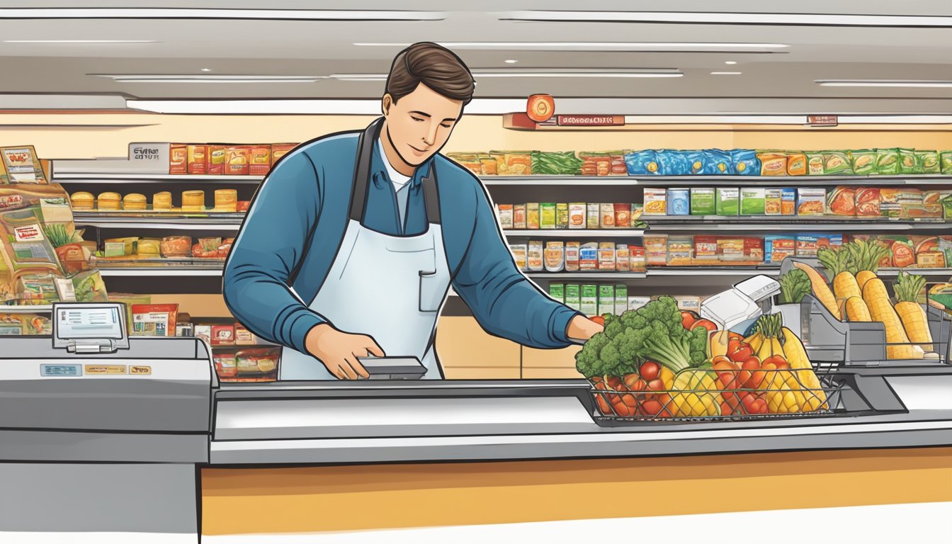 A person scanning groceries at a Shoprite checkout counter