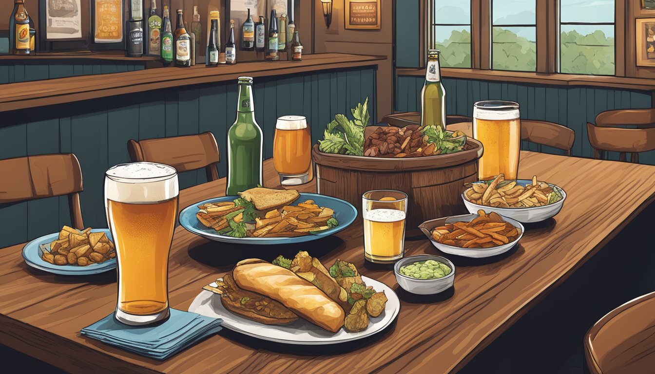 A table set with various local craft beers and food pairings in a cozy Washington, DC bar