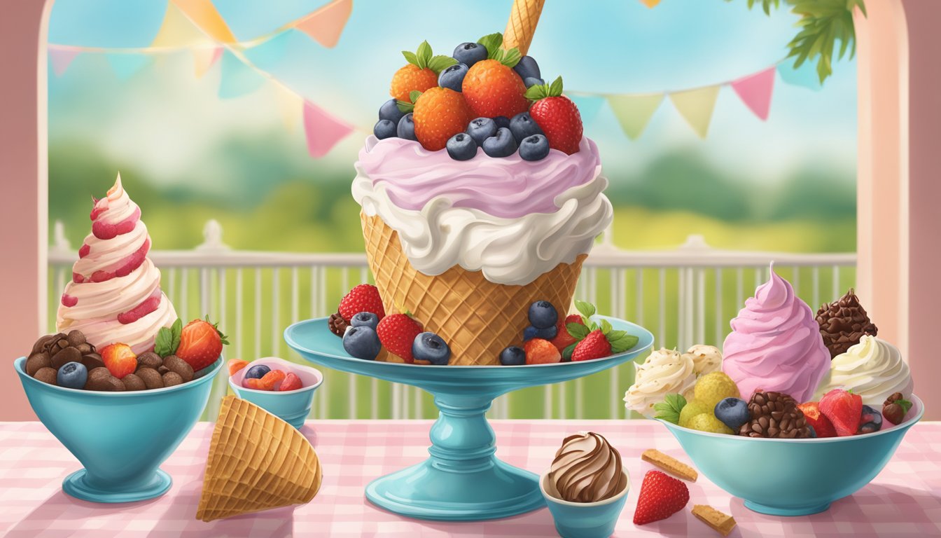 Giant ice cream cones and sundaes tower over a table, topped with decadent ingredients and presented with an emphasis on quality