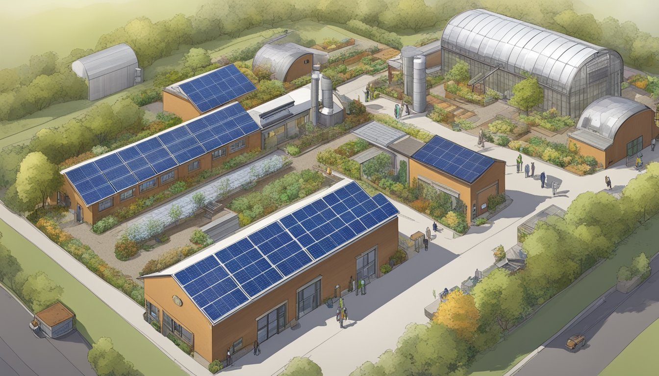 A bustling brewery in Fort Collins, Colorado with solar panels on the roof, a garden with hop vines, and a composting area